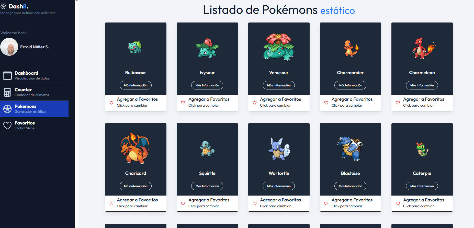 Captura de pantalla de Dashboard Pokemons